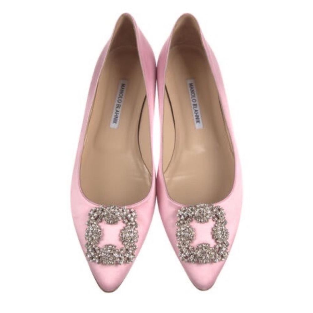 Manolo Blahnik Hangisi Pink Buckle Crystal Square Buckle Flats Size 39.5